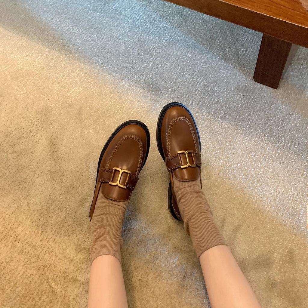 Cowhide version ~ Su Yinyin's same retro small gold buckle genuine leather thick sole is heightened and a foot of loafers women's small leather shoes
