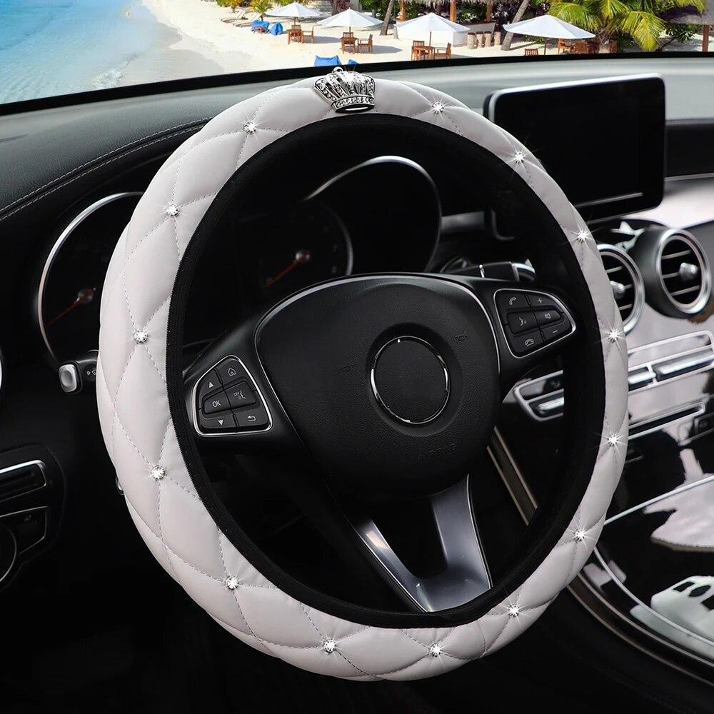 Artificial Sheepskin Print Stereo Diamond-encrusted Crown Car without Inner Ring Steering Wheel Cover for 14.5-15 Inches