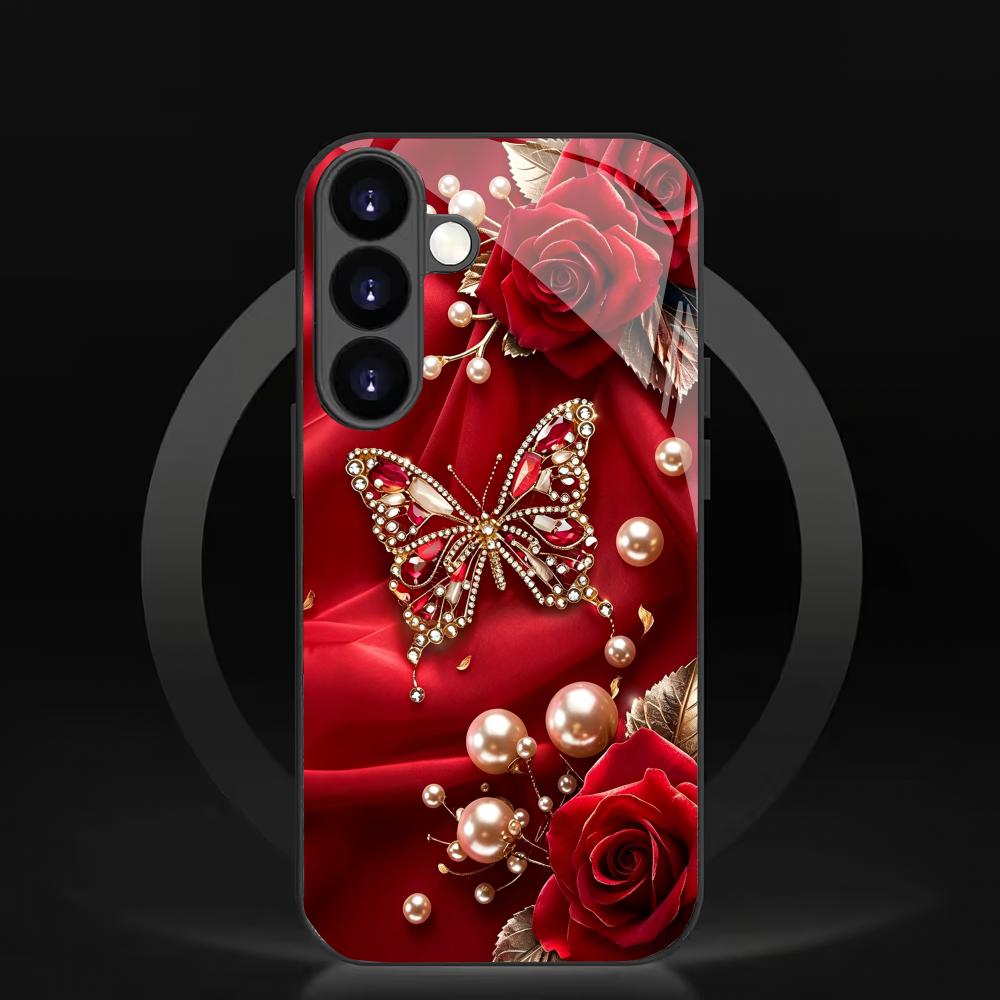 Butterfly Rose Black Glass Phone Case Suitable for Samsung Galaxy S26 S25 S24 S23 S22 S20 FE/Ultra/Plus Anti Drop Back Cover