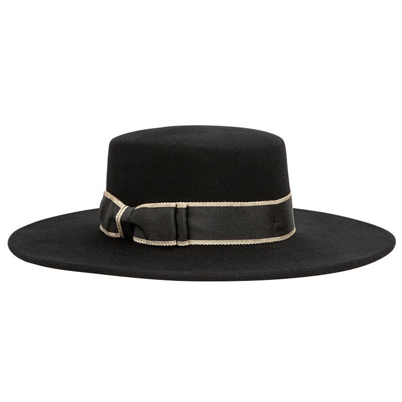 Rongmei Autumn and Winter New French Celebrity Hepburn Style Flat Top Woolen Top Hat Fashion Wide Edge British Felt Hat