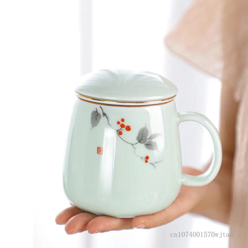 Creative Ceramic Tea Cup with Cover, Tea Cup, Blue, Green, Pink, Home Office Household items, Separation Filter Mug, 1Pc