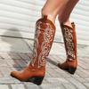 Fashion IPPEUM Cowboy Boots Red Embroider Knee High Chunky Heel Cowgirl Women Western Shoes