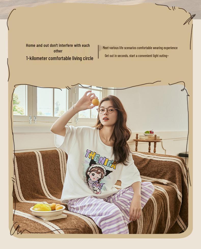 Summer Cotton Pajama Set for Women: Short Sleeve, Long Pants, Cute Design for Teens, Perfect for Spring and Summer.