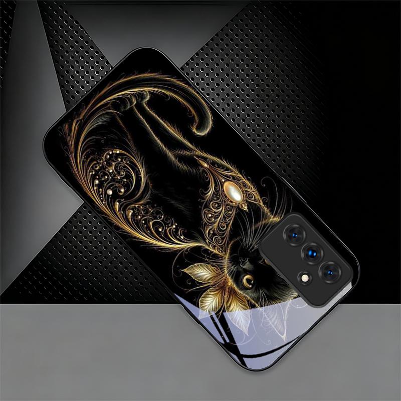 Luxury Jeweled Cat Black Phone Case For Samsung A32 A33 A34 A35 A36 A37 A51 52 52s A53 A54 A55 A56 A57 A71 A72 A73 Glass Cover