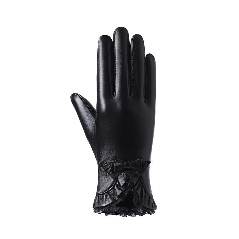 

Женские перчатки из овчины с кружевным бантом, новые, бархатная подкладка, весенние, классические черные, для вождения, из натуральной кожи, осенне-зимние S чёрный