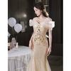 Champagne Sequined Evening Dress Skirt   New One-word Shoulder Waist Fishtail Light Luxury Niche Hosting Banquet Dress