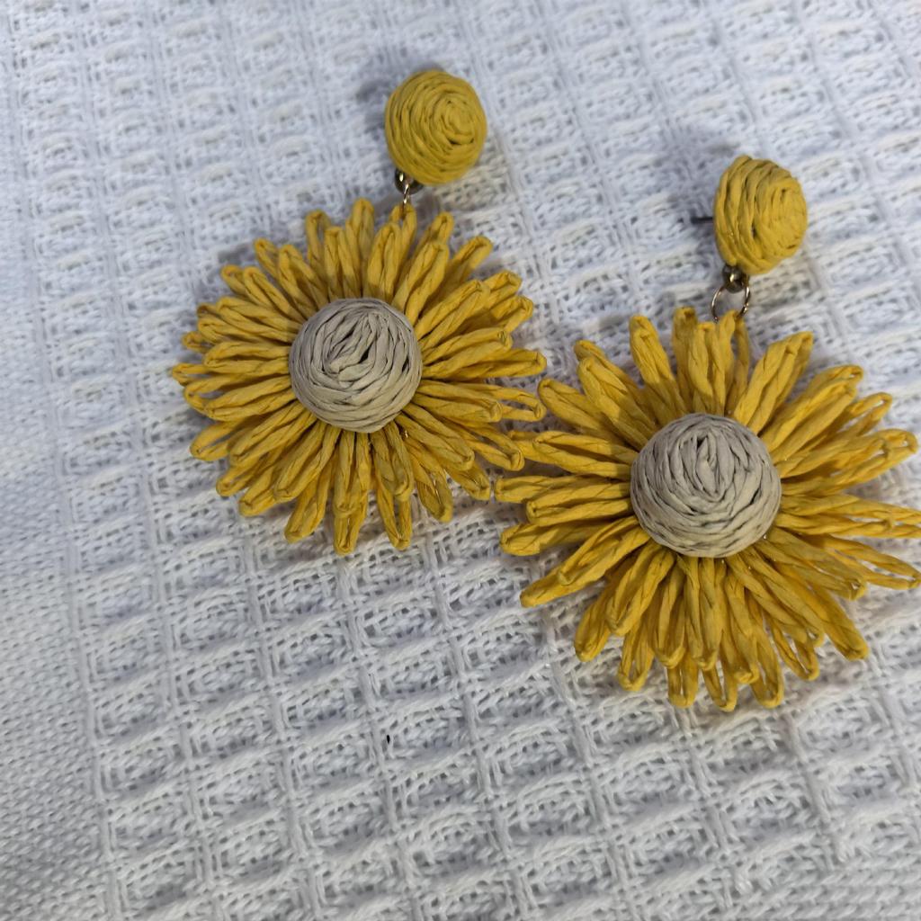 Handmade Raffia Flower Earrings with Steel Posts - Niche European & American Fashion Accessory