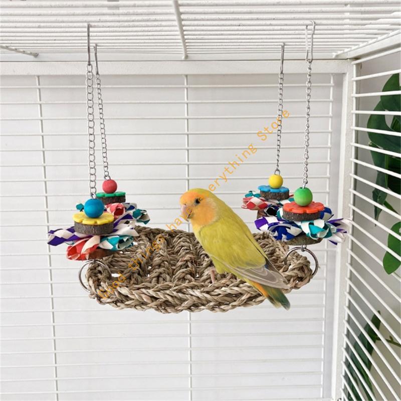 Multiuse Bird Exercise Hammock For Cockatiels Budgies Woven Straw Chewing Toy 55KF