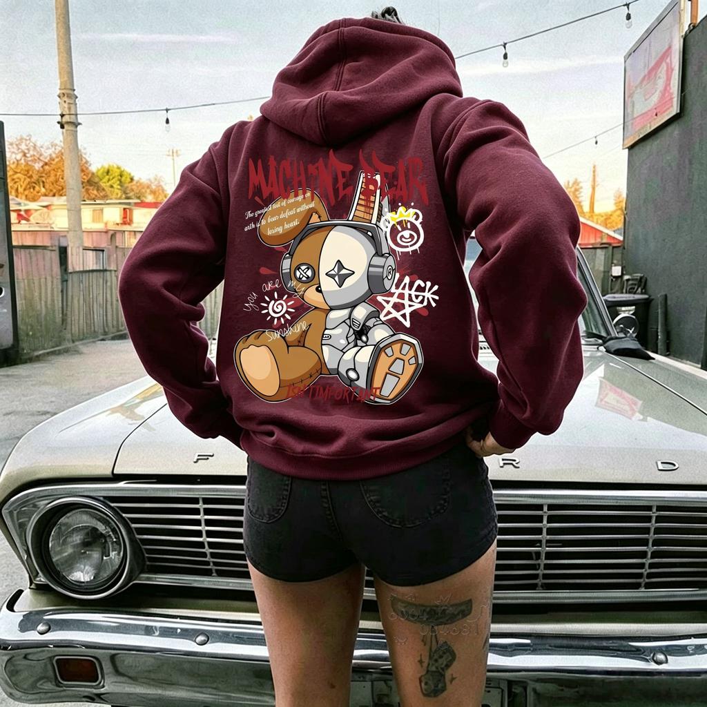 Latest Fall/winter Network Mechanical Rabbit Graffiti Letter Hooded Long-sleeved Pullover with Pockets Street Style Hooded Top