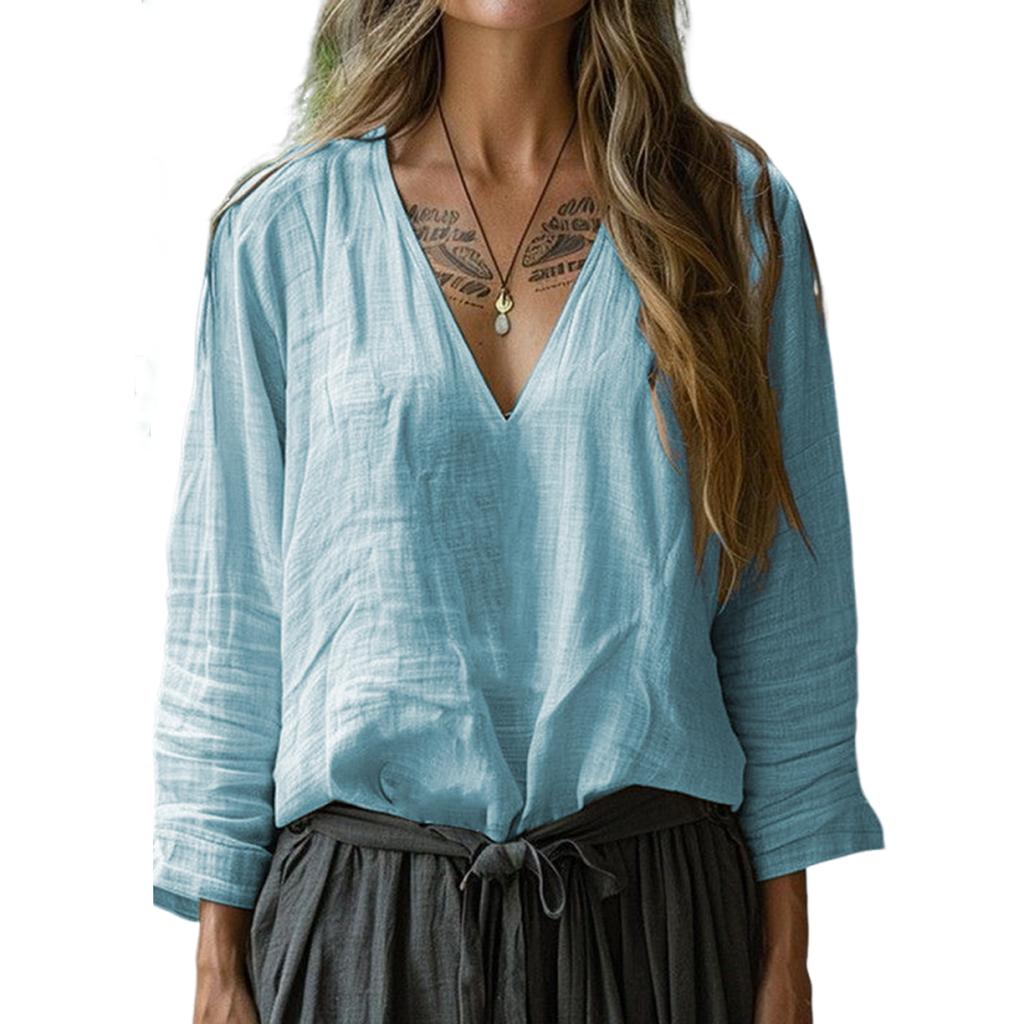 Women's Fashion Casual V-neck Long Sleeve Loose Pullover Top