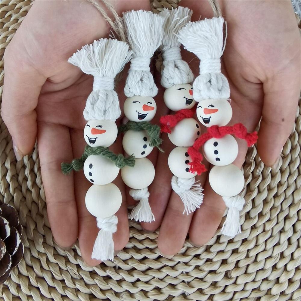 Bohemian Macrame Snowman Ornament Set, Handmade Wooden Bead Christmas Hanging Decor, 2/3/4Pcs Boho Winter Tree Decoration