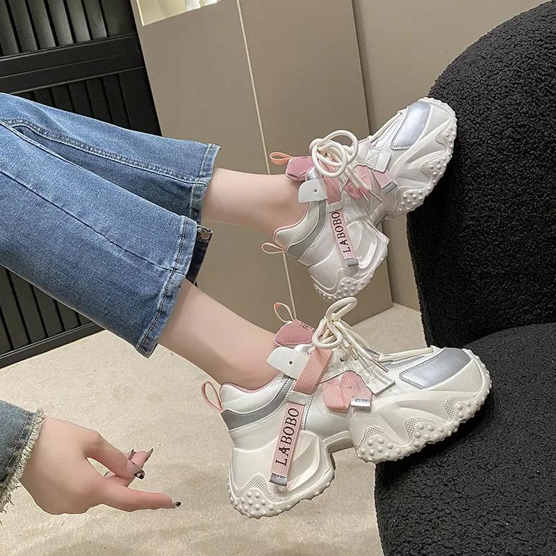 Fashion 35-43 Women's Chunky Sneakers 2024 Breathable Mesh Platform Sports Shoes Woman Fashion Lace Up Thick Sole Casual Shoes Mujer