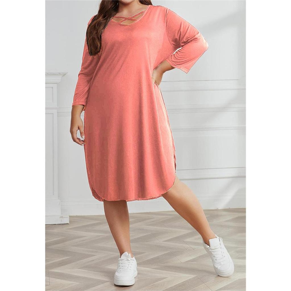Women's Plus Size Dress Long-sleeved V-neck Casual Loose Knee-length Dress