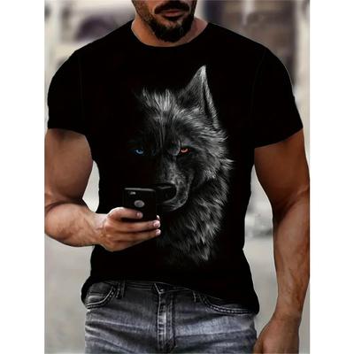 Kreatives Herrenoberteil mit grafischem Wolf-Print, lässiges, leicht dehnbares T-Shirt mit Rundhalsausschnitt und kurzen Ärmeln für den Sommer im Freien