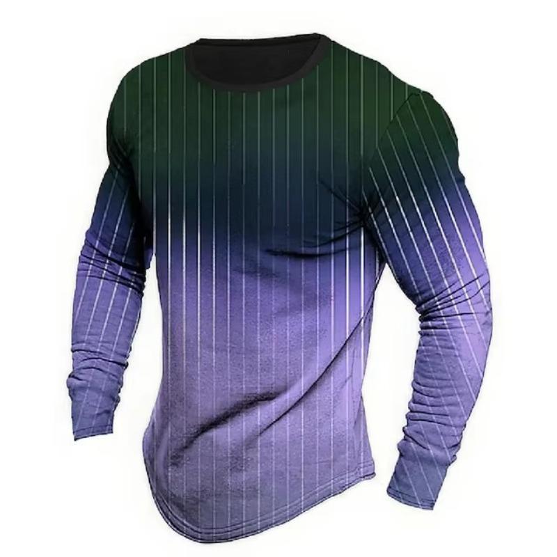T-shirt da uomo a maniche lunghe con scollo rotondo, a righe, stampate digitalmente, alla moda, stile di strada