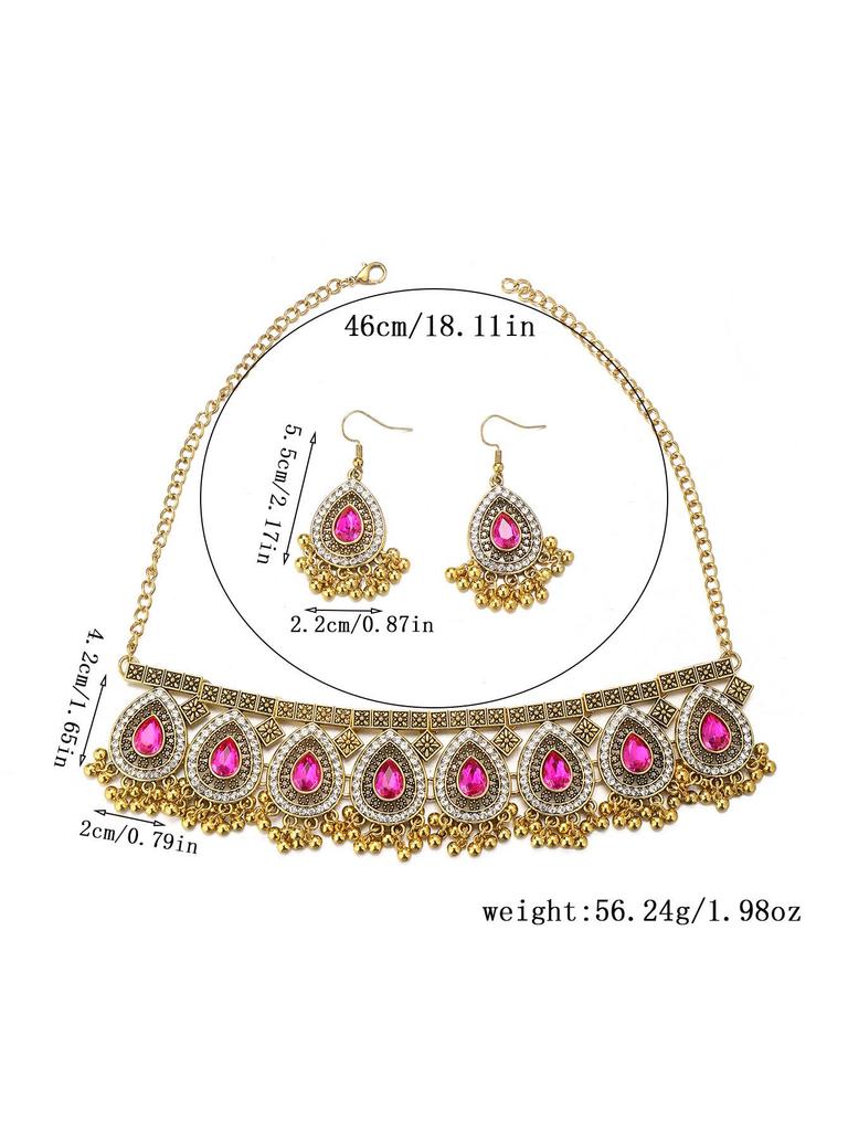 Bohemian Indian Style Rhinestone Tassel Necklace & Earrings Set for Women