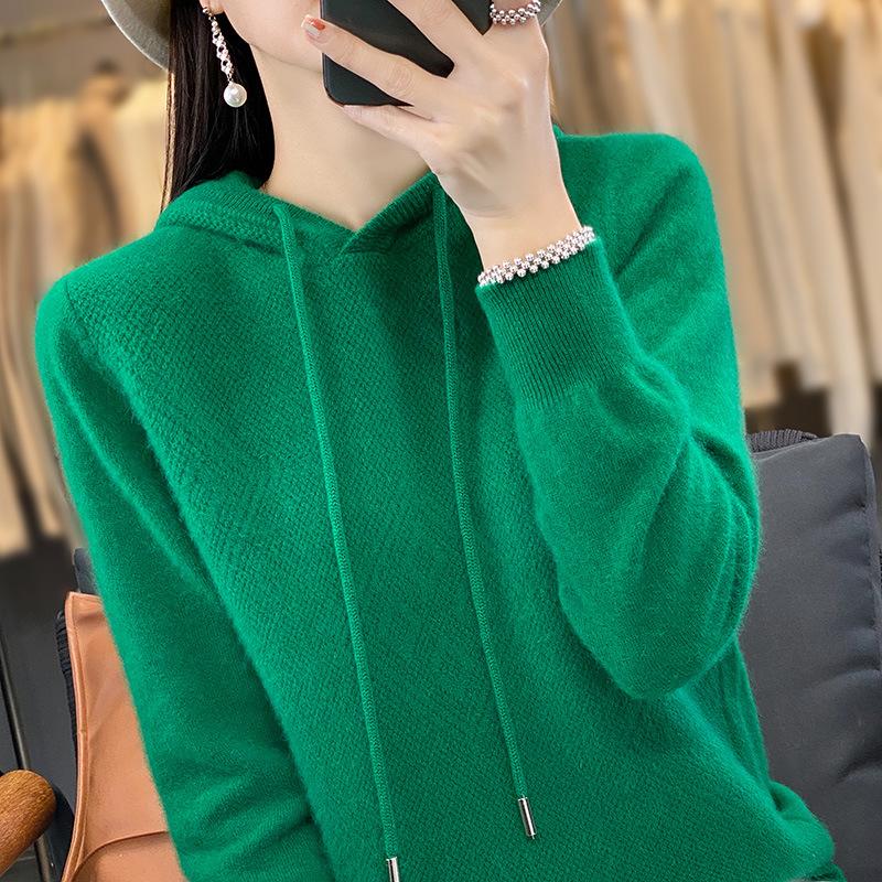 

Осень и зима новый вязаный свитер с капюшоном женский топ внутри и снаружи худи свободный и тонкий пуловер XXL изумрудный