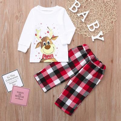 Noel Çocuk Uzun Kollu Üstler+Kareli Desenli Pantolon Aile Giysileri Pijama