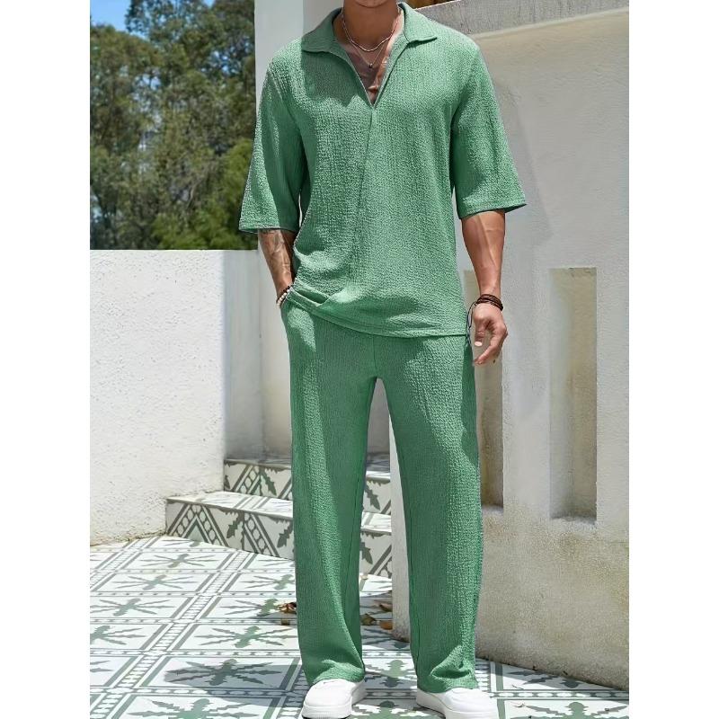Men Casual Commute Solid Color Short Sleeve Shirt Long Pants Two Piece Set