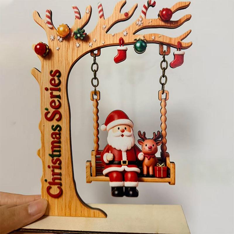Wooden Christmas Santa Claus Swing Ornament With Moon Framed And Festive Details Perfect For Home Tabletop Xmas Decor
