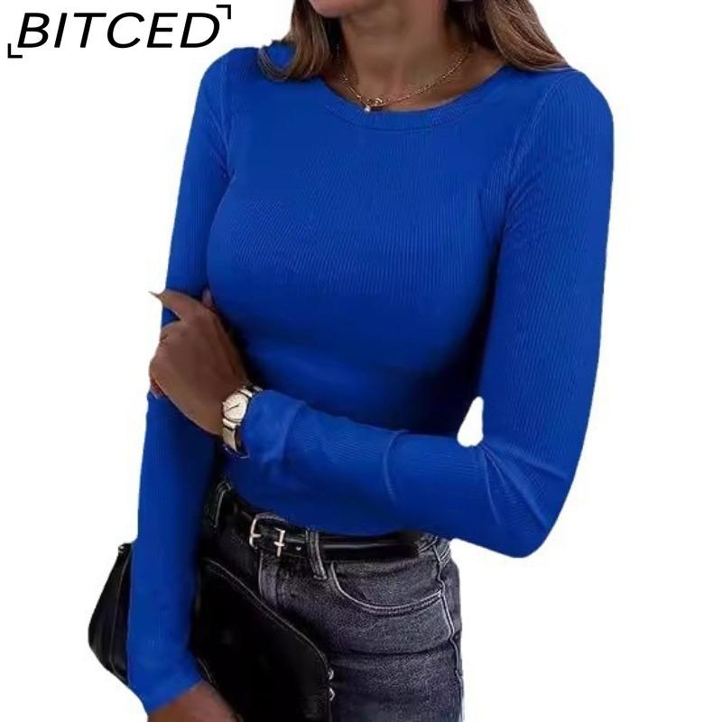 BITCED Women's Long-Sleeved Stretch O-Neck Ribbed T-Shirt Fitted Casual Basic Top