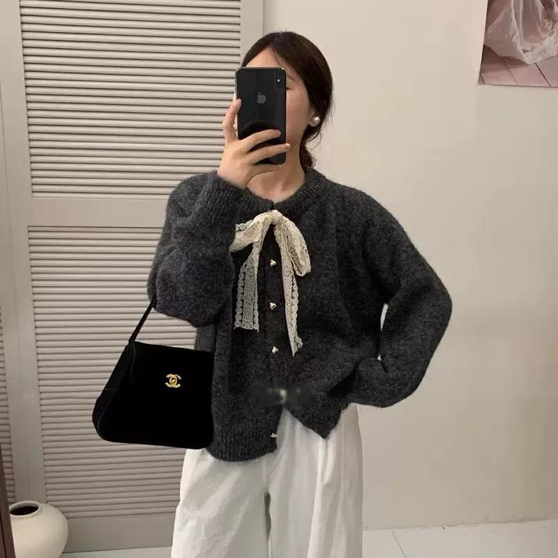 

Lace Bow Round Neck Sweater Jacket for Women Autumn and Winter Loose Knitted Cardigan 3XL темно-сірий