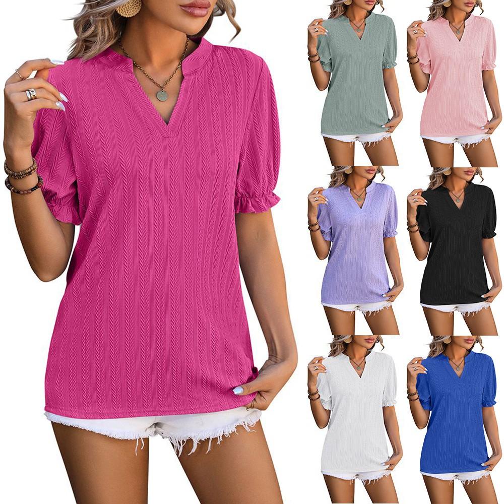 

Женская модная повседневная футболка с v-образным вырезом и рукавами-пузырьками, однотонный свободный топ One size чёрный