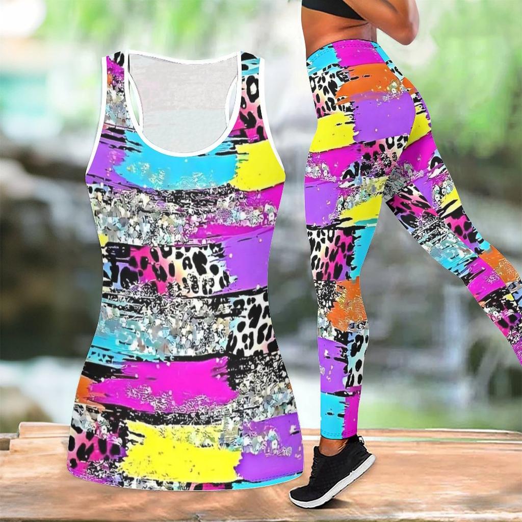 Completo Yoga da Donna con Stampa Geometrica e Graffiti Moda Leggings Allenamento Fitness Sportivo Set Yoga Casual Tuta Sportiva
