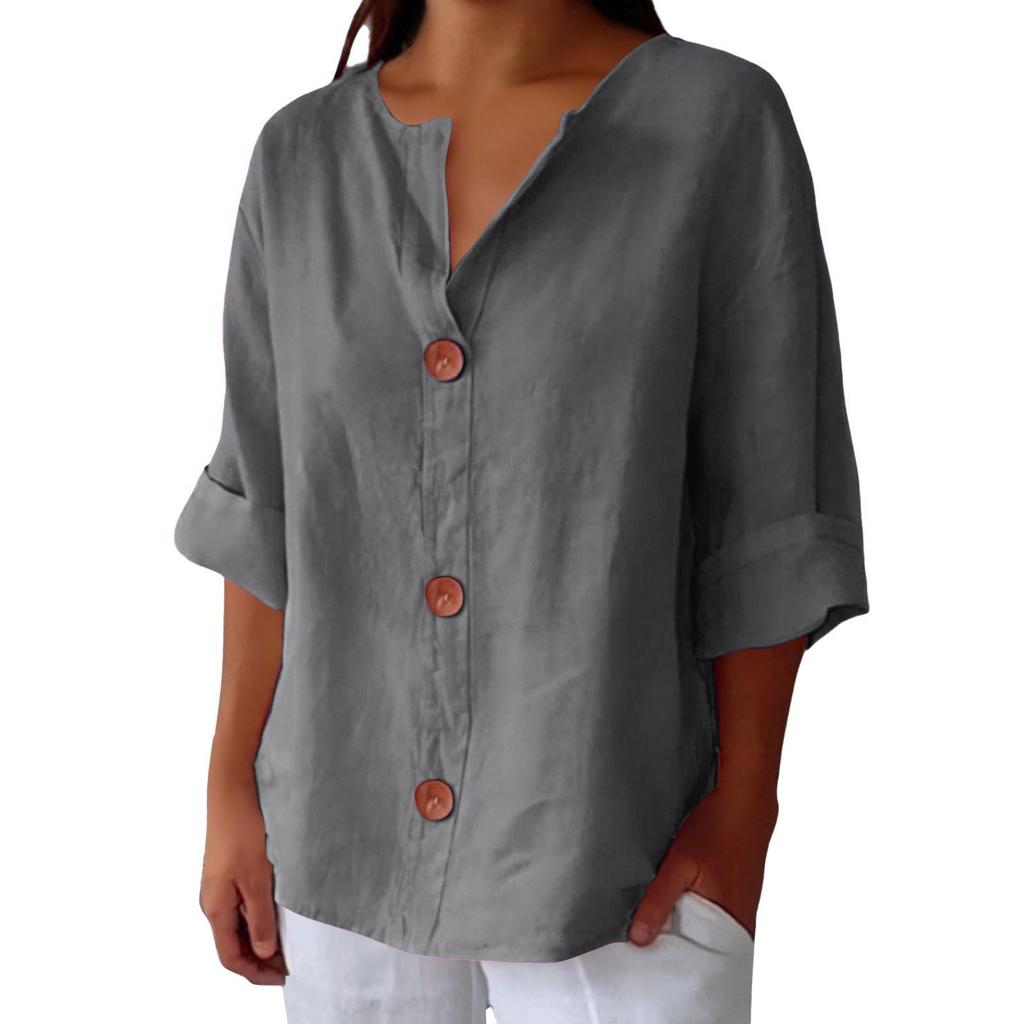 Mote dame casual V-hals kneppet syvarmet bomulls-t-skjorte topp