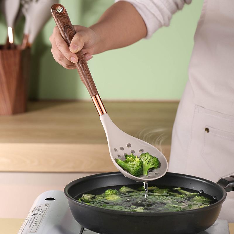 "10-Piece Wood Grain Silicone Kitchenware Set: Cooking Spoons & Spatulas"