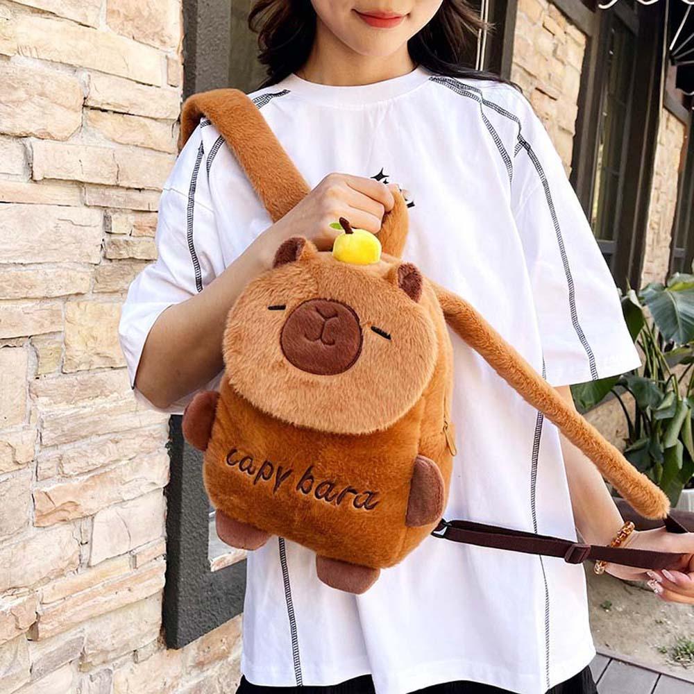 

Thickened Cartoon Animal Daypack PP Cotton Large Capacity School Bag Capybara Plush Backpack Girls коричневий