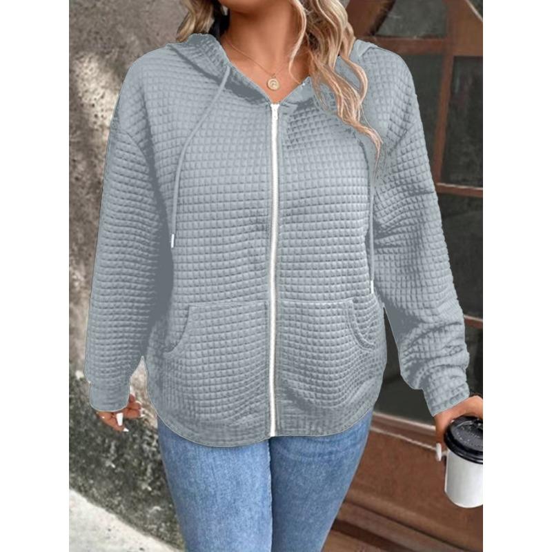 Women S Waffle Knit Hooded Zip Up Long Sleeve Casual Jacket