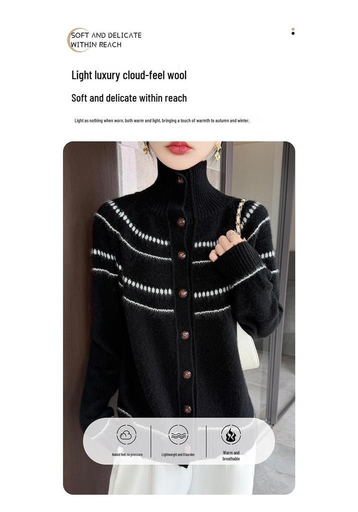 Women's High-Neck Wool Cardigan: New Autumn/Winter Style, Warm, Loose, Slimming, Versatile Knit Sweater Coat.
