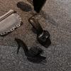 2025 Summer New Rhinestones with Black Sandals High Heels Stiletto Bow Fairy Wind Half Slippers Woman