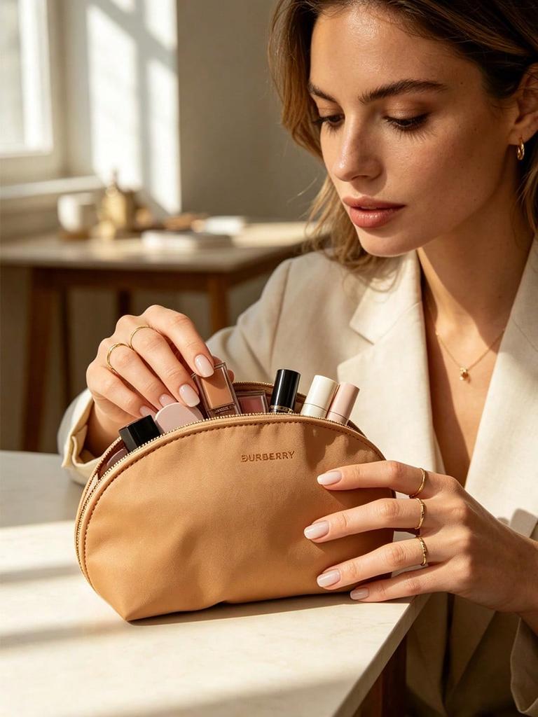 BURBERRY Camel Nylon Shell Makeup Bag Embossed Logo Portable Travel Cosmetic Pouch for Women Daily Vacation