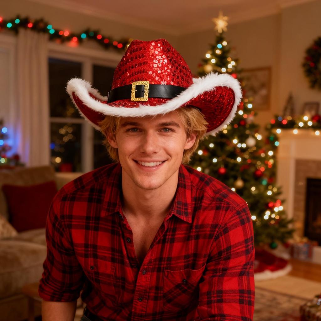 Fashion Santa Claus Party Christmas Luminous Cowboy Hat Western Red Felt Hats Wide Brim Cowgirl Hat Jazz Hat for Women Men
