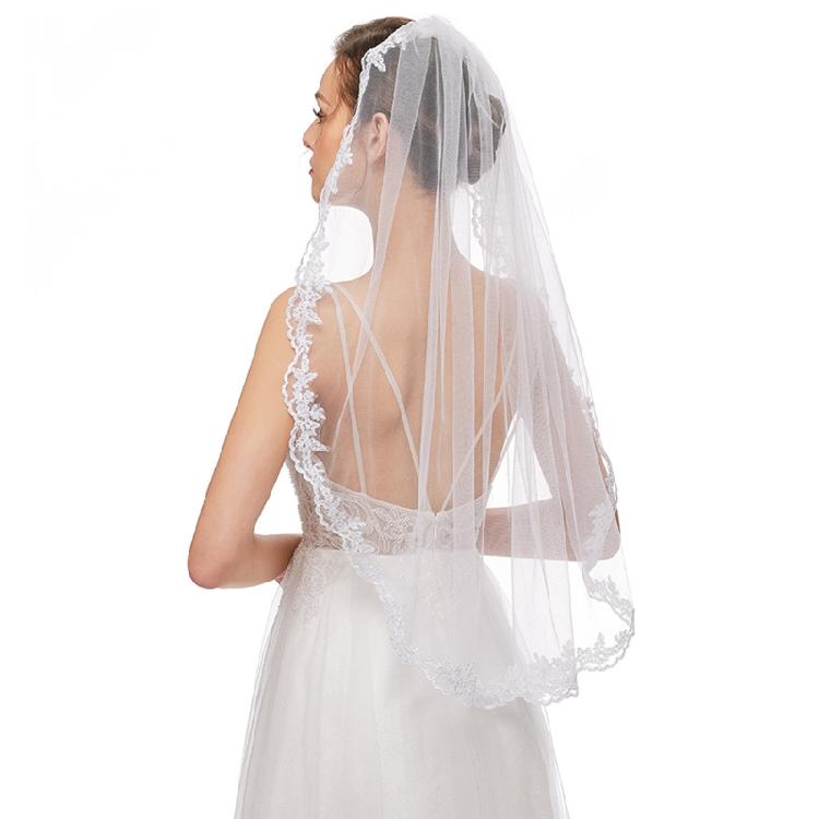Wedding Veil Single Layer Lace Appliques Fingertip Length Short Tulle for Brides