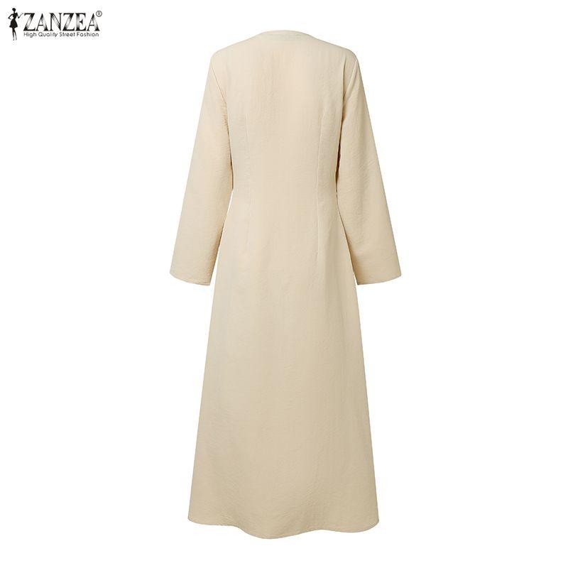ZANZEA Vestido Largo Casual de Línea A con Manga Larga y Cuello Redondo para Mujer con Cremallera