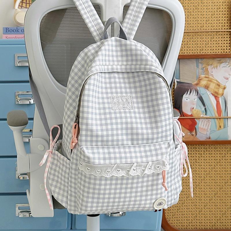 Schoolbag Korean fresh plaid corrugated backpack girl heart lace small schoolbag girls junior high school students female commuter bag