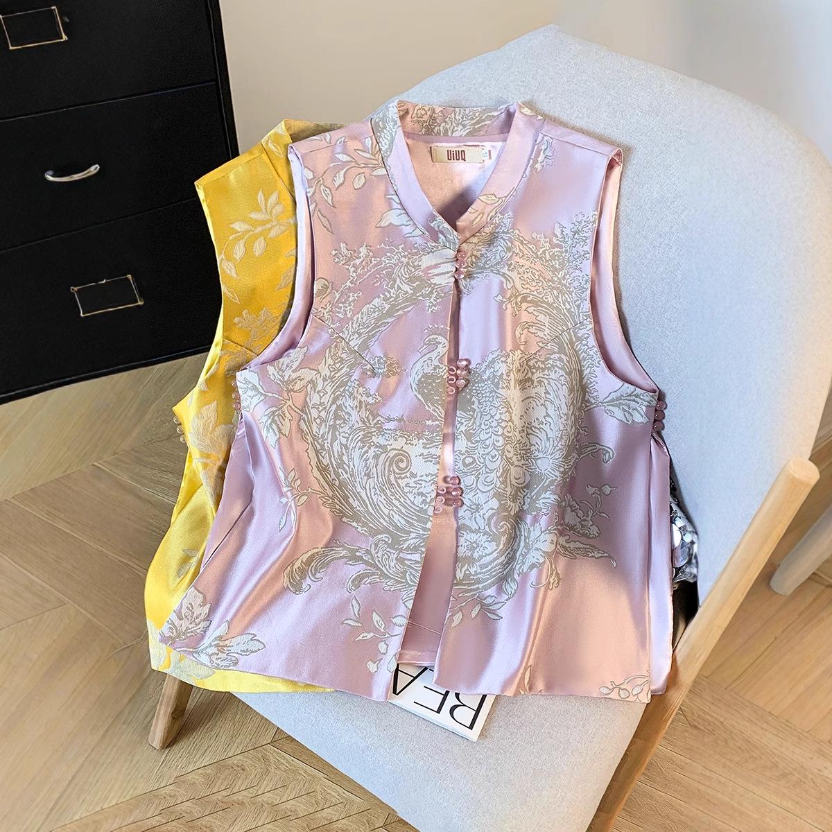 

2025 Spring/Summer Women s Embroidered Tang Suit Jacquard Satin Vest with Frog Buttons Extra Large жовтий