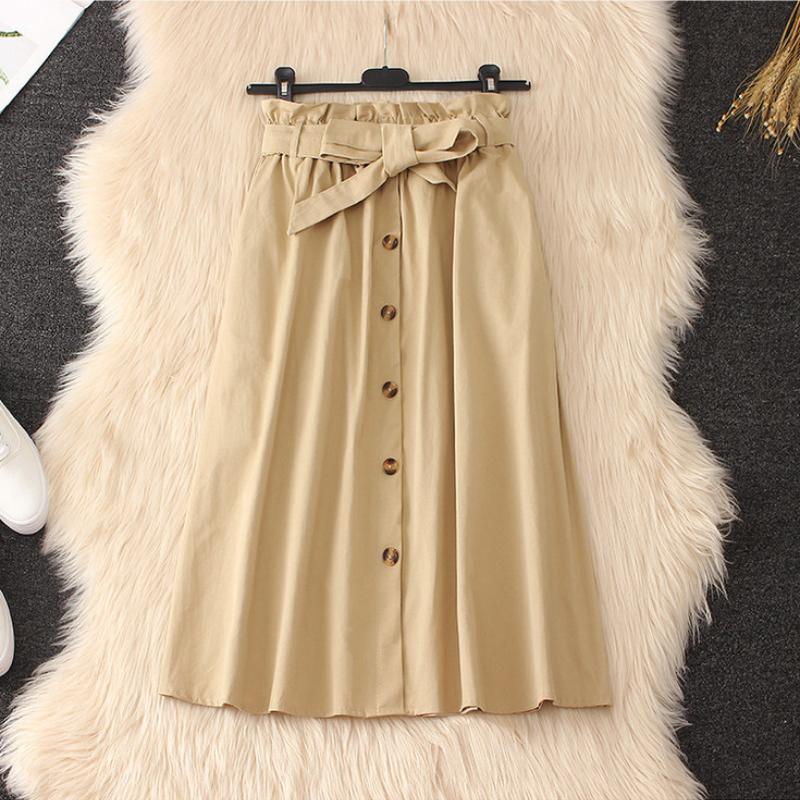 Summer Mid-length Skirt Women's Bud High Waist Single-breasted A-line Over-the-knee Skirt
