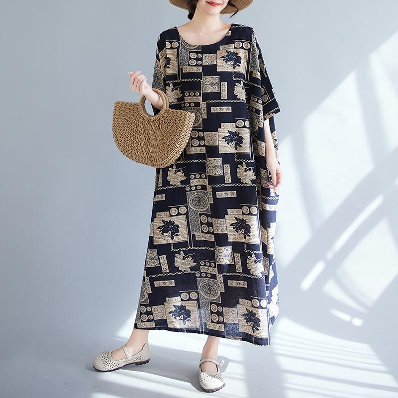 DIMANAF 2025 New Plus Size Summer Dress Women Vintage Printing Loose Casual Dress Long Soft Linen Dress Maxi