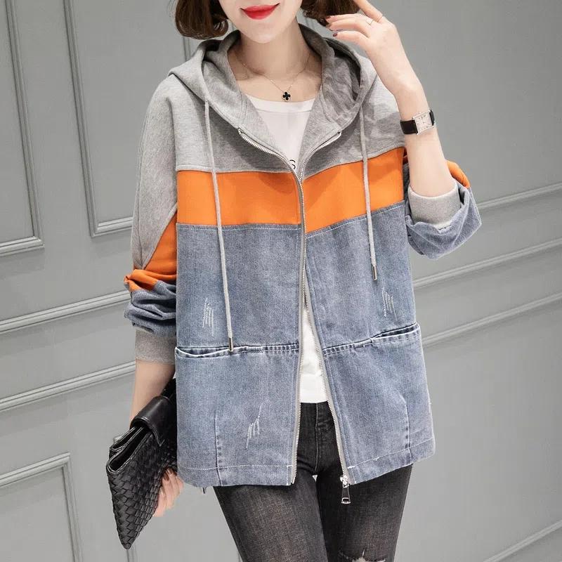 Dámská džínová bunda s kapucí, jarní volná bunda velké velikosti, podzimní ležérní barevně sladěný džínový kabát