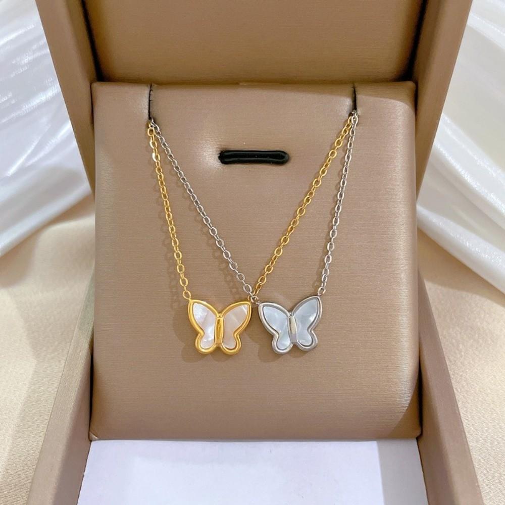 Layered Butterfly Pendant Necklace Fashion Stainless Steel Choker Tarnish Free Necklace  For Women