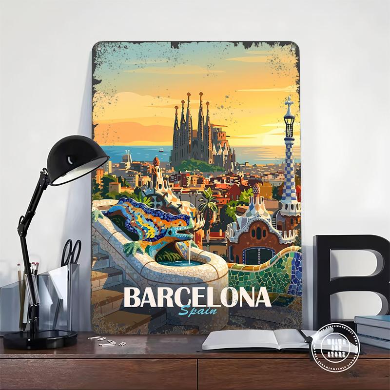 Barcelona Spain Travel Tinplate Poster Customized Wall Art Vintage Retro Metal Signs for Home Decor Gaming Room Decoration Cozy