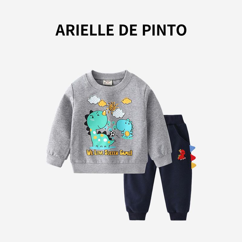 French Arielle De Pinto Boys Suit for Early Autumn Wear, Fashionable Cartoon Letter Print Sports Suit Gray Mother and Child Dinosaur 100