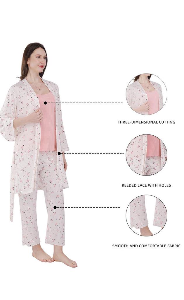 Summer 2026 Floral Women's Pajamas Three-Piece Set Long Sleeve – Wearable Outdoors, In Stock