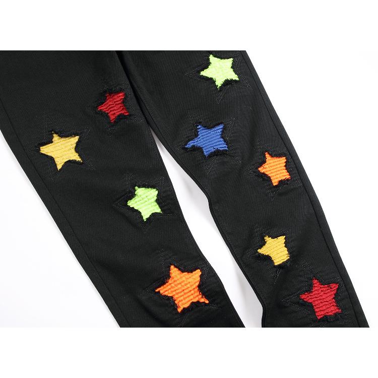 Original European And American Style, Personalized And Colorful Embroidery, Slim Fit And Elastic Flanged Denim Pants