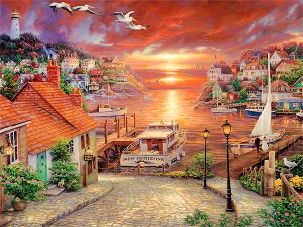 5D DIY Diamantmalerei Haus Landschaft Voll Platz Rund Stickerei Mosaik Baum Szenerie Heimdekoration