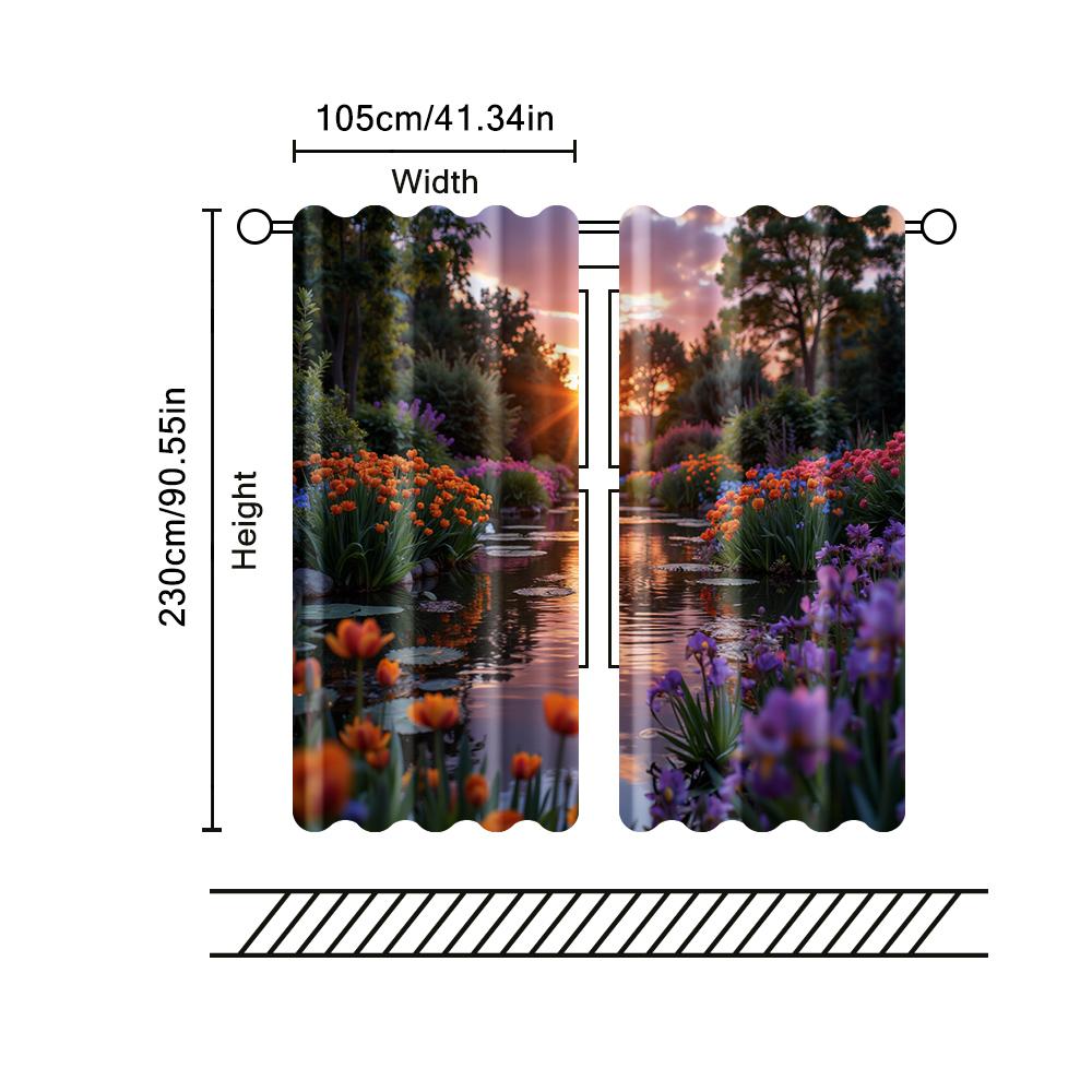 2 Pcs, Filtering Curtains (excluding Rods, Non-movable, Without Batteries) Sunset Flower Sea for Use In Bedrooms and Living